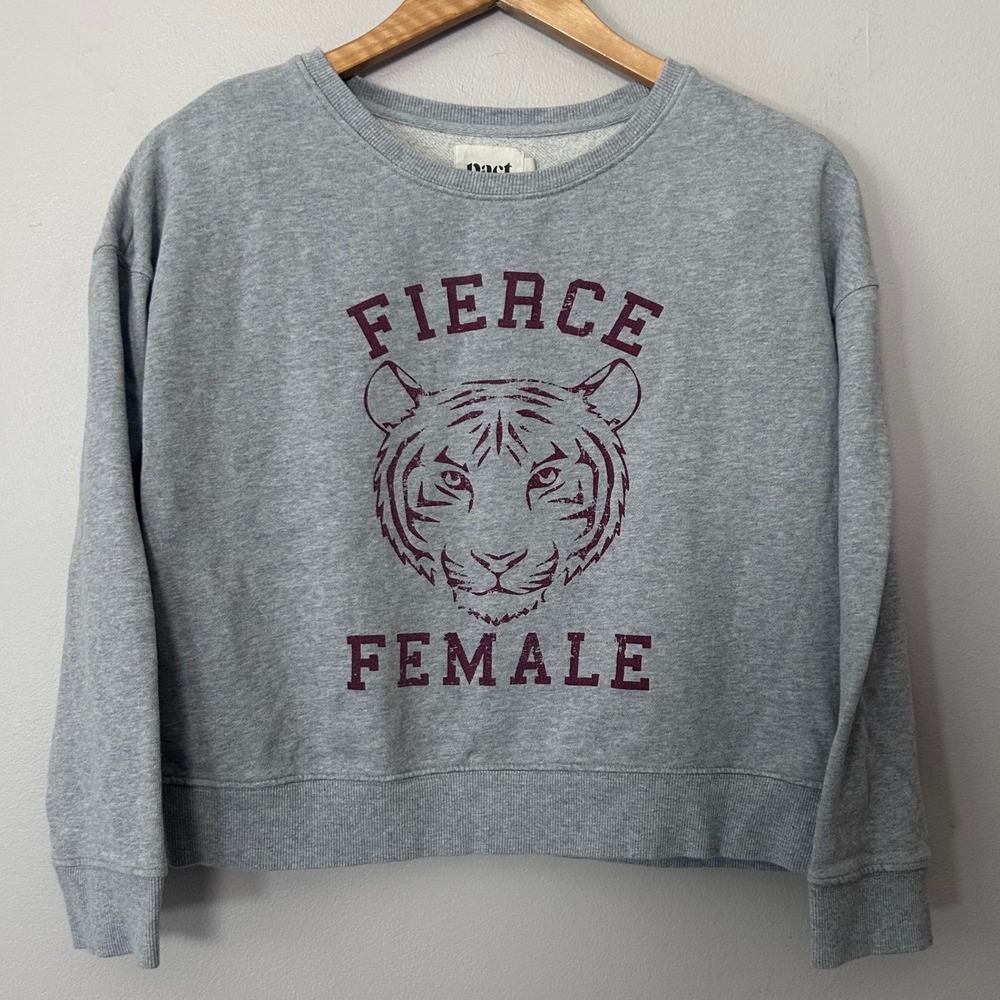 Pact Sweatshirt Womens Small Gray Fierce Female Tiger Crop Organic Cotton